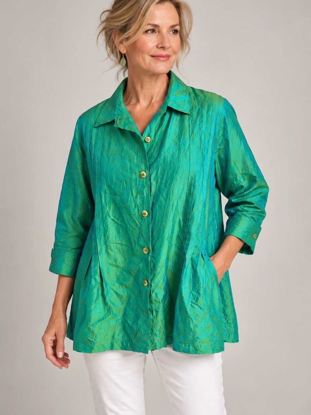 SpiritHouse Green Blue Iridescent Silk Pintucked Tunic Pockets M Oversized Artsy